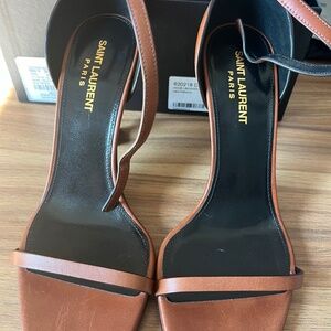 Women's Saint Laurent Opyum YSL Logo-Heel Sandals With matte gold hardware